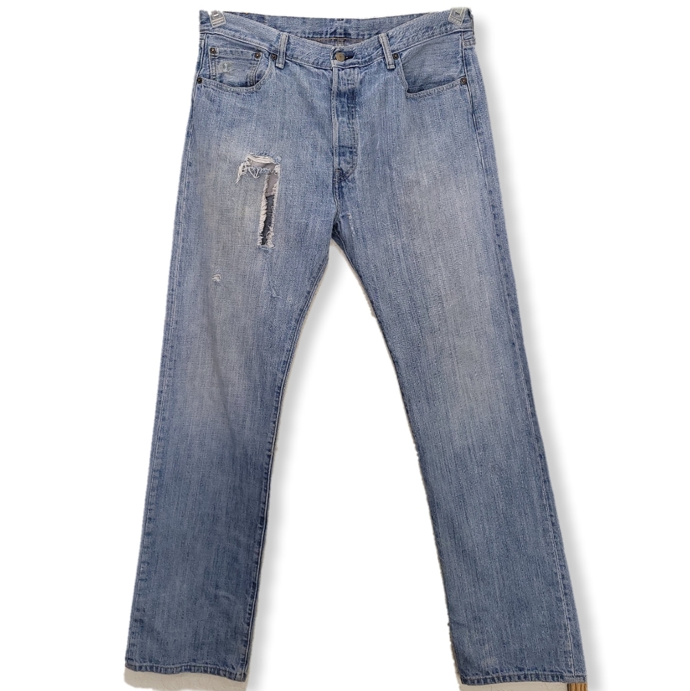 Levi's Mens 36x34 Jeans Light Wash Blue Straight Leg Button Fly Denim Distressed